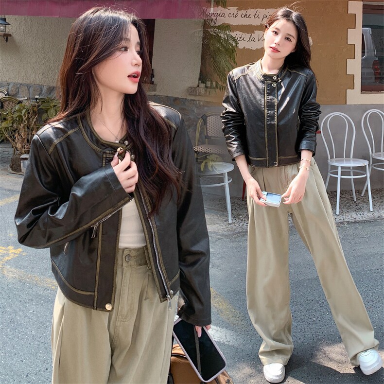 2024年秋季新款现货时尚潮流高品质休闲擦皮工艺设计皮衣外套，女装皮衣，韩蜜菓