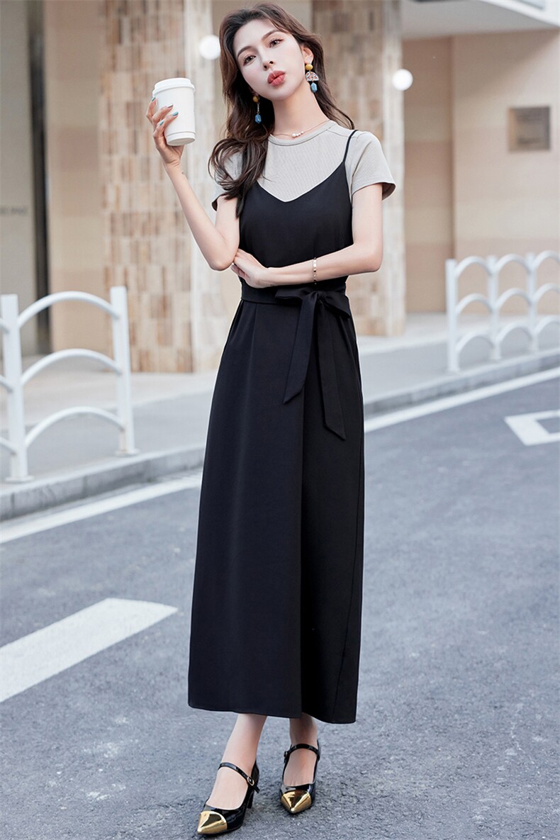 时尚直筒连衣裙套装女夏季小个子2024年新款t恤两件套高级感显瘦,女装连衣裙,浙宝029