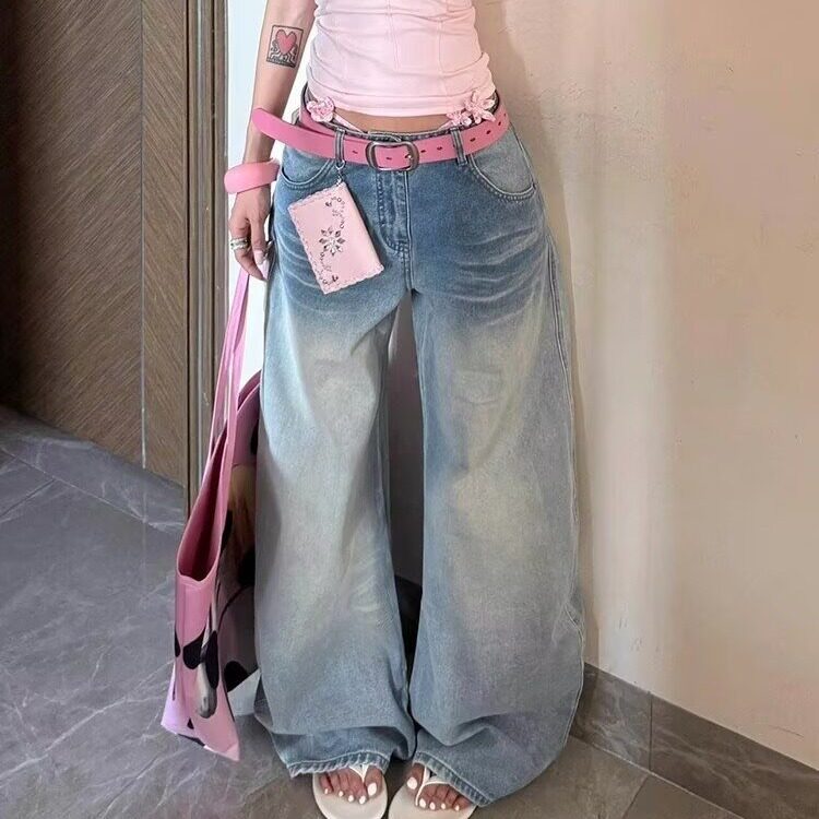 蓝色牛仔裤女秋季时尚2025新款直筒休闲宽松水洗阔腿裤NZ3169,男装牛仔裤,星座516A