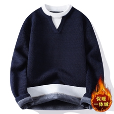 复古拼接假两件毛衣男加绒加厚保暖宽松针织衫B6012JR-特价P60，男装针织衫/毛衣，电商A007