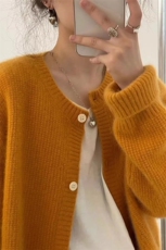 韩版高端山羊绒开衫女圆领毛衣秋冬加厚宽松慵懒纯色羊毛针织外套，女装羊毛衫，隆格羊绒