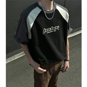 24夏季新品 小众结构设计感拼接情侣印花短袖T恤男上衣H942 P38图片
