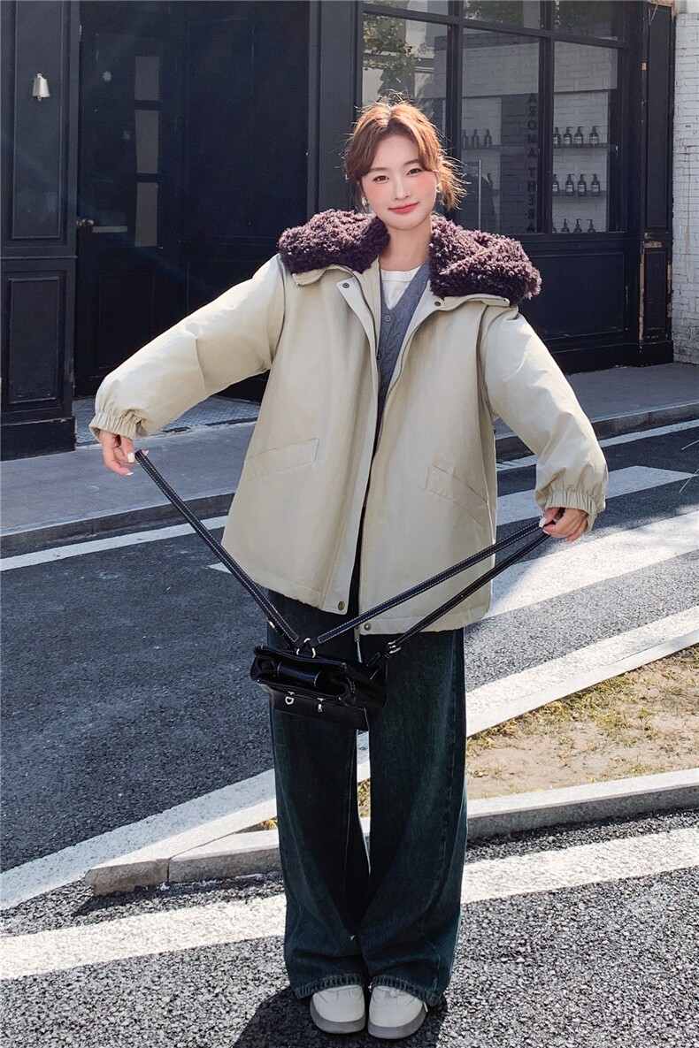 羊羔毛大翻领连帽工装派克服女中长款2025冬季90白鸭绒加厚羽绒服,女装羽绒服,2C159