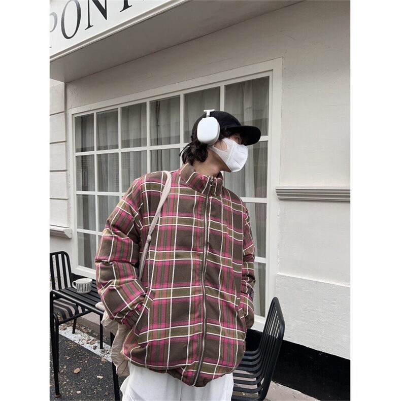 冬季日系格纹双面穿棉服外套美拉德小众设计保暖格子面包服棉衣男,男装棉衣,星座506A