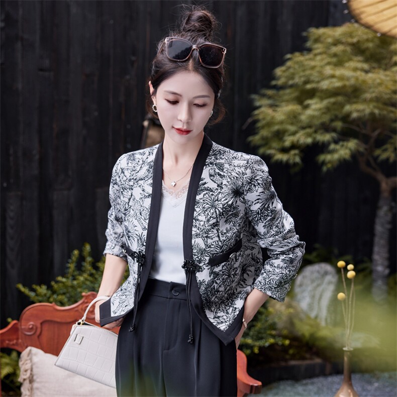 唐装女改良款潮高端提花开衫春秋长袖上衣一粒扣V领小外套,女装短外套,水衣源