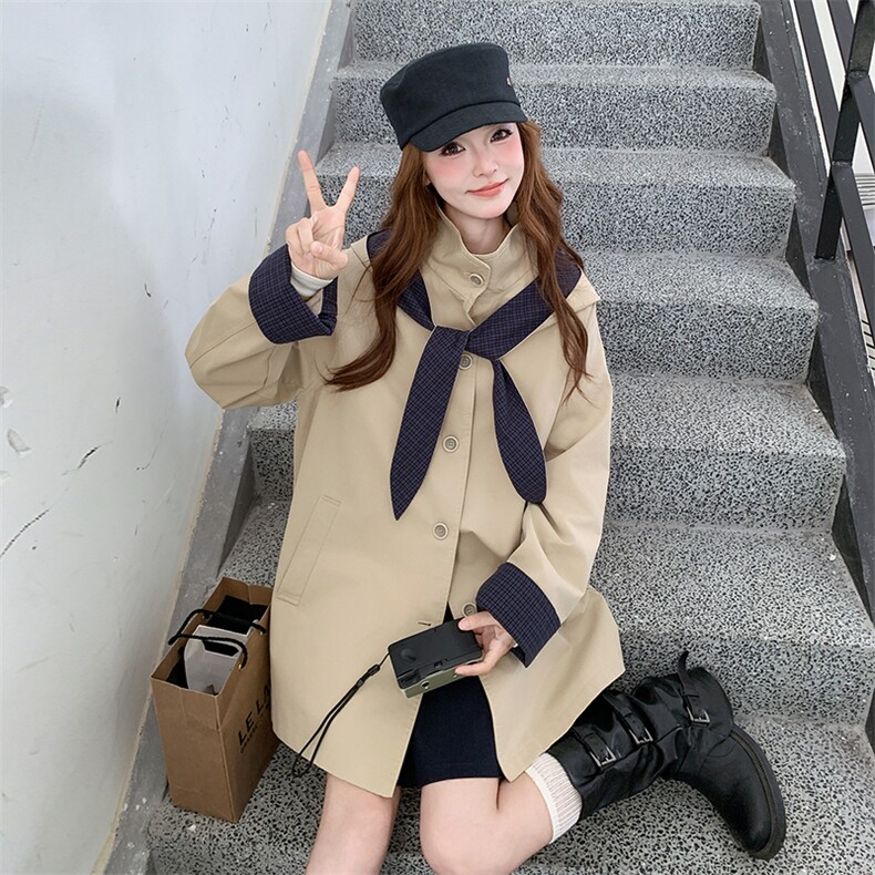 卡其色格纹撞色连帽风衣外套女2025秋季韩版时尚宽松休闲大衣,女装风衣,2C218
