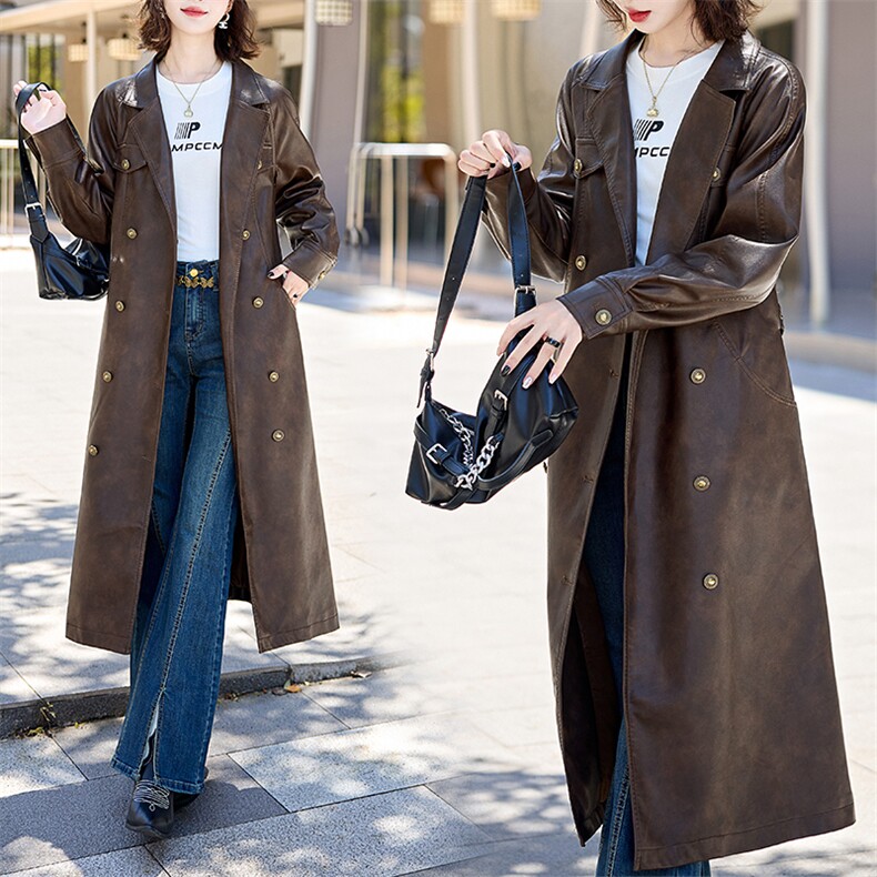 现货大女主媲美仿真皮韩版质感咖色皮风衣翻领中长款外套皮夹克，女装皮衣，潮流依族