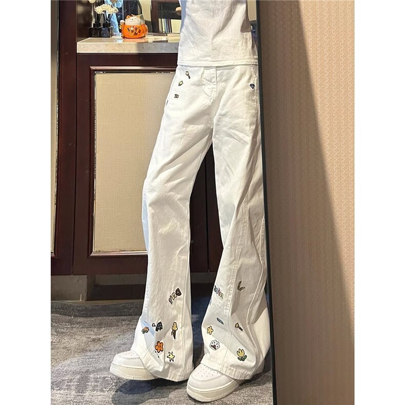 卡通刺绣直筒牛仔裤男款秋季美式微喇弯刀裤子高街vibe提裆工装裤，男装牛仔裤，星座1008
