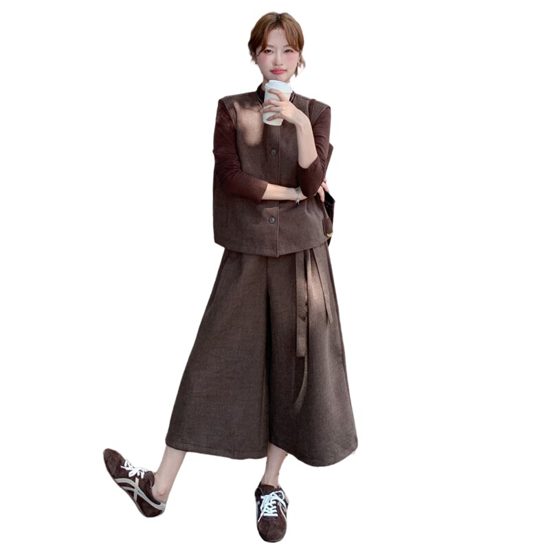 咖色复古美拉德气质马甲套装裙女2025秋季韩系打底衫九分裤三件套，女装套装/套裙，2C159