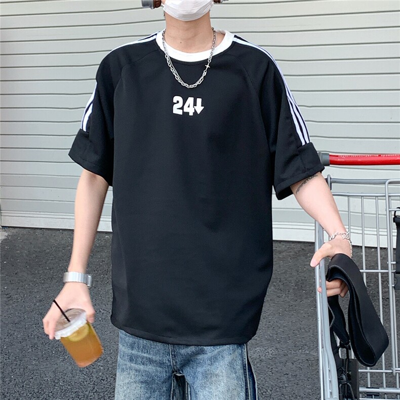 2026夏装新款薄款织带拼接短袖印花五分袖T恤T6606/特P30黑色2,男装T恤,电商A094