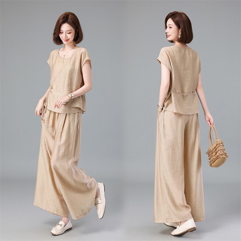 天丝亚麻套装女夏季新款中年妈妈宽松遮肚子洋气减龄阔腿裤两件套，女装套装/套裙，深水步