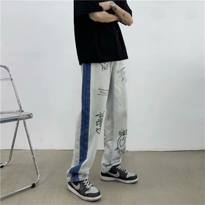 2021夏季牛仔裤男港风字母印花新款ins宽松直筒休闲裤潮K430-P45图片