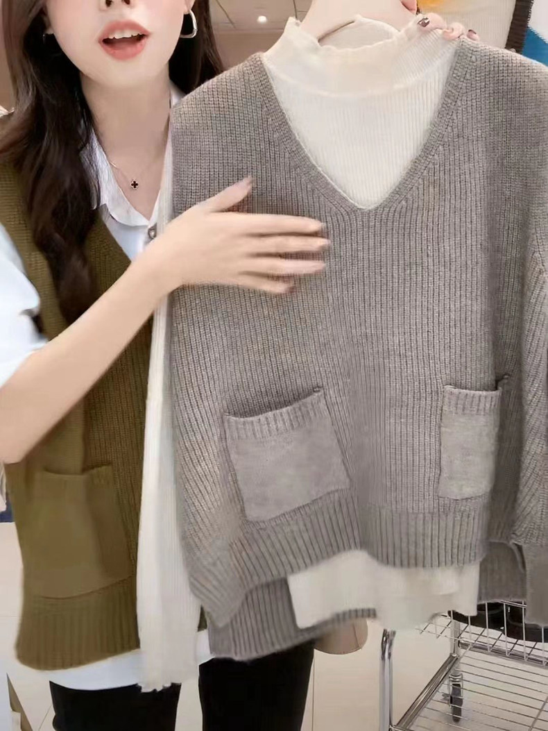 大码V领针织马甲女2024秋季新款复古风口袋无袖坎肩背心套头上衣,女装马甲,洁纯羊绒