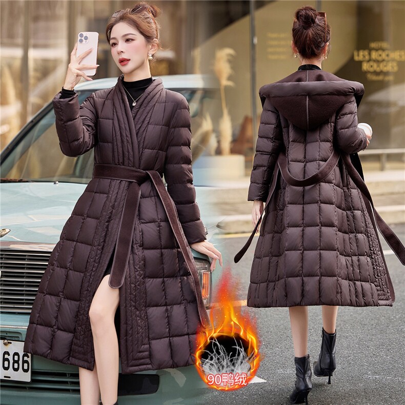 现货2025双面羊毛拼接可拆卸连帽门襟90白鸭绒优雅中长款羽绒服，女装羽绒服，时尚俏佳人