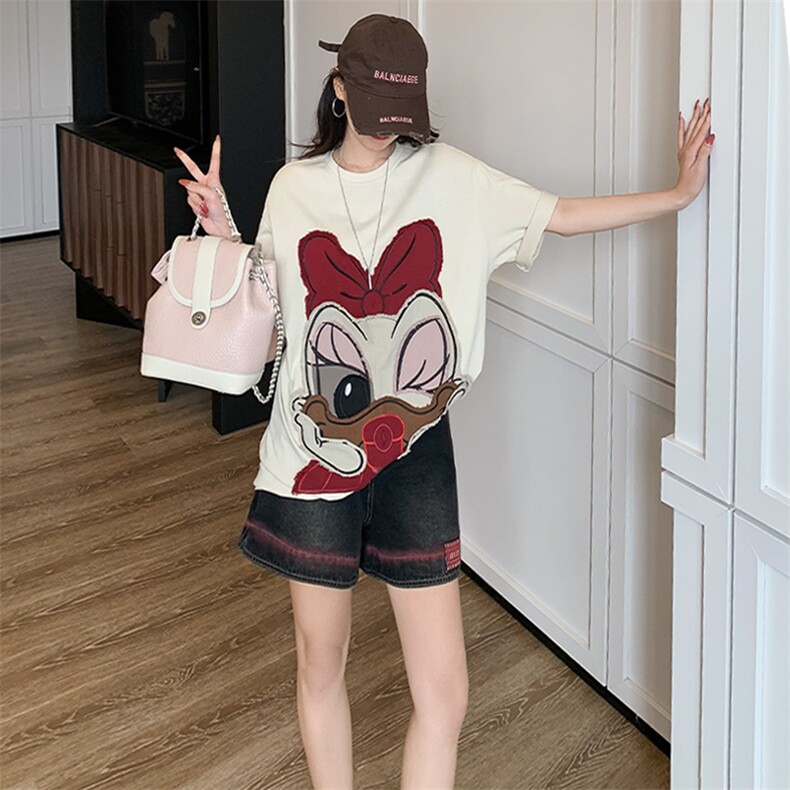 休闲运动时尚套装女夏季新款宽松百搭圆领短袖卡通T恤短裤两件套图片