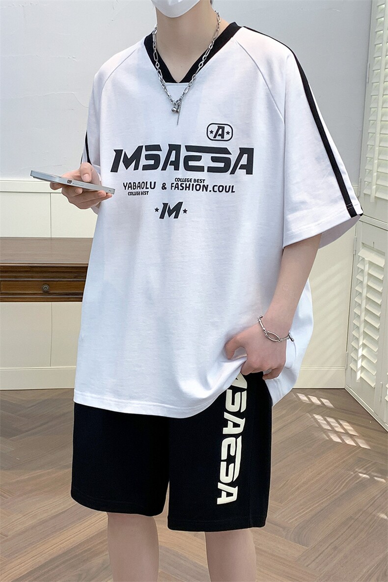 2024夏上新学生V领套头半袖套装印花短裤T恤男女6645-P70控价98,男装T恤,电商A441-1
