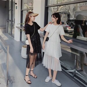 2025夏装新款亮片中长款修身连衣裙仙小众森女系网纱拼接闺蜜装图片
