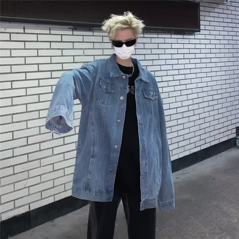 日系复古简约水洗蓝牛仔外套男士春秋潮牌设计感宽松夹克,男装夹克,星座716-3
