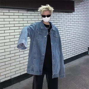 日系复古简约水洗蓝牛仔外套男士春秋潮牌设计感宽松夹克图片