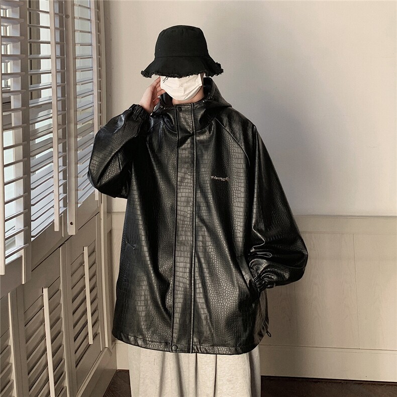 港风连帽鳄鱼纹PU皮衣大码情侣休闲冲锋衣夹克男JK8744P90控128,男装夹克,星座226-2