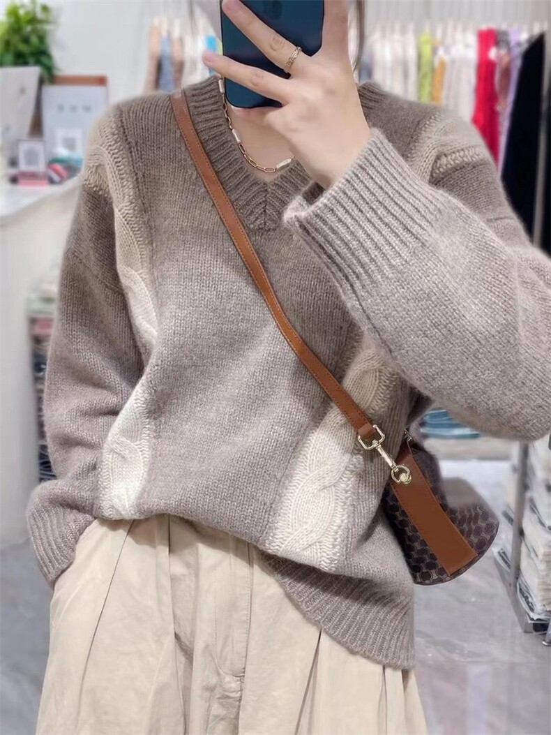 羊毛衫女款2024秋冬新款时尚毛衣宽松慵懒风撞色拼接,女装羊毛衫,思途羊绒