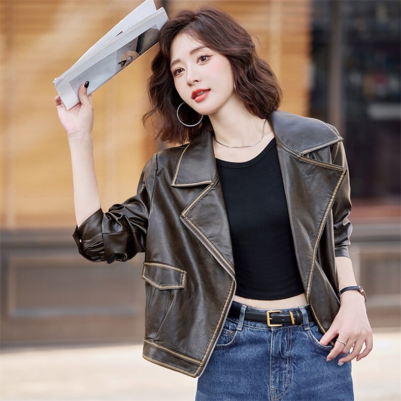 港风美式复古pu皮衣外套女2025春新款设计感小个子短款机车皮夹克,女装皮衣,简古