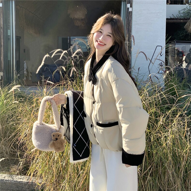 韩版撞色拼接羽绒服女短款冬季新款宽松显瘦面包服白鸭绒保暖外套,女装羽绒服,2C159