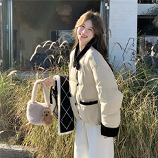 韩版撞色拼接羽绒服女短款冬季新款宽松显瘦面包服白鸭绒保暖外套，女装羽绒服，2C159
