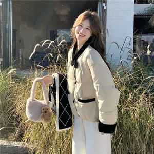 韩版撞色拼接羽绒服女短款冬季新款宽松显瘦面包服白鸭绒保暖外套图片