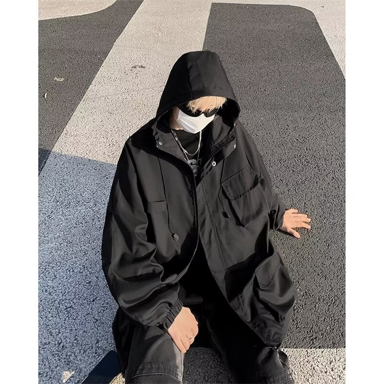 春秋季山系户外冲锋衣外套男女潮牌宽松工装夹克衫黑色连帽多口袋,男装夹克,星座601-2