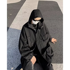 春秋季山系户外冲锋衣外套男女潮牌宽松工装夹克衫黑色连帽多口袋，男装夹克，星座601-2
