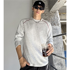 简约设计拼接线条纯色圆领T恤男秋季百搭宽松情侣套头上衣，男装T恤，电商C307