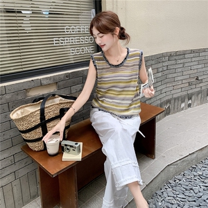 松紧腰木耳边拼接休闲阔腿裤女夏2025新款宽松显瘦棉麻直筒九分裤图片