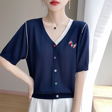 撞色冰丝针织短袖T恤女开衫上衣2025夏薄透气拼色洋气刺绣小衫t恤，女装针织衫/毛衣，九嘉羊绒