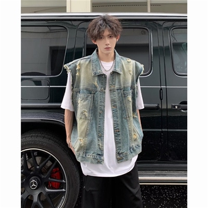 新款男装美式复古小众设计磨破牛仔马甲外套ins男水洗做旧坎肩潮