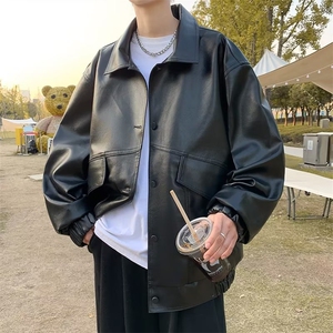 复古青年软皮衣男宽松韩版翻领机车服潮牌飞行员皮夹克LW27P70图片