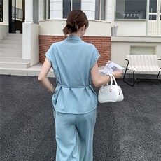休闲浅蓝色衬衫阔腿裤套装女夏季2025新款穿搭减龄气质两件套，女装套装/套裙，2C205