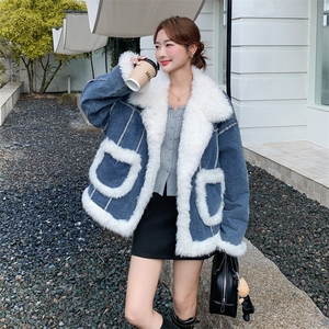 羊羔毛拼接牛仔棉服女2025冬季新款高级感复古时尚小个子加厚外套图片