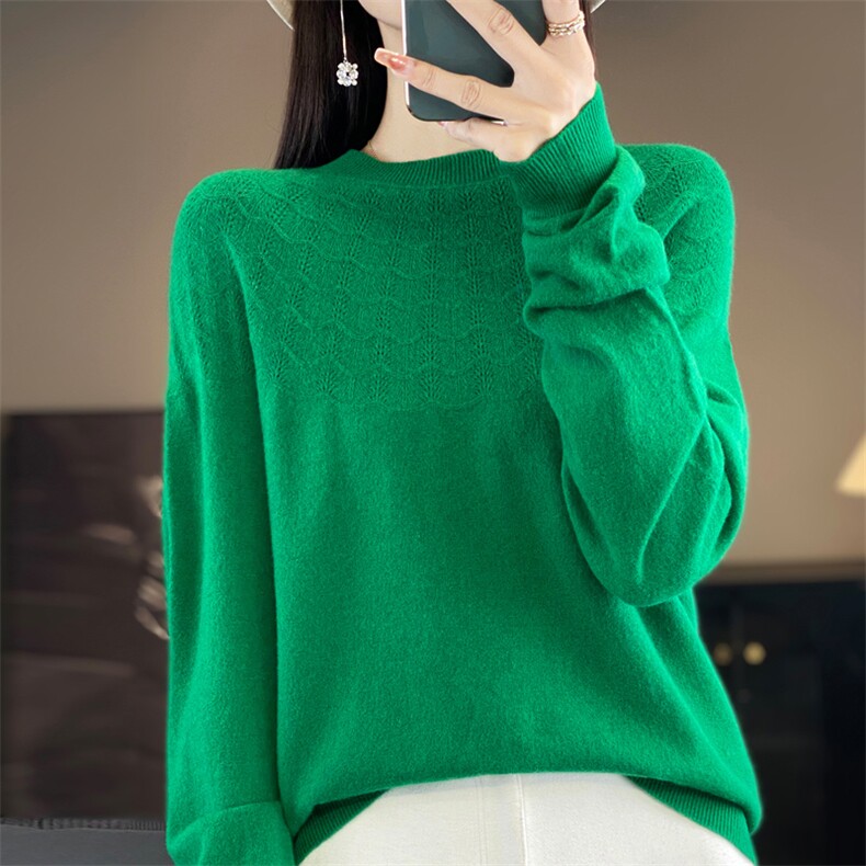 时尚百搭女针织衫简约舒适半高领毛衣优雅花纹镂空设计柔软亲肤,针织衫/毛衣,昭美羊绒