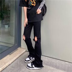 美式高街黑色破洞牛仔裤男直筒潮牌微喇叭设计感痞帅Z723P37，男装牛仔裤，星座1112-1