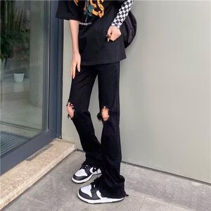 美式高街黑色破洞牛仔裤男直筒潮牌微喇叭设计感痞帅Z723 P37图片