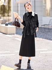 休闲时尚方格牛仔套装女2025年春秋新款高腰宽松显瘦阔腿裤三件套，女装套装/套裙，意芙