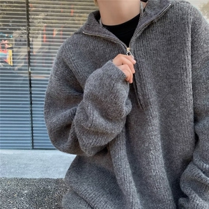 美式复古半拉链连帽毛衣男韩版oversize痞帅针织衫外套图片