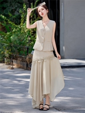 老钱风V领马甲+蕾丝拼接半身裙两件套，女装套装/套裙，采品优优