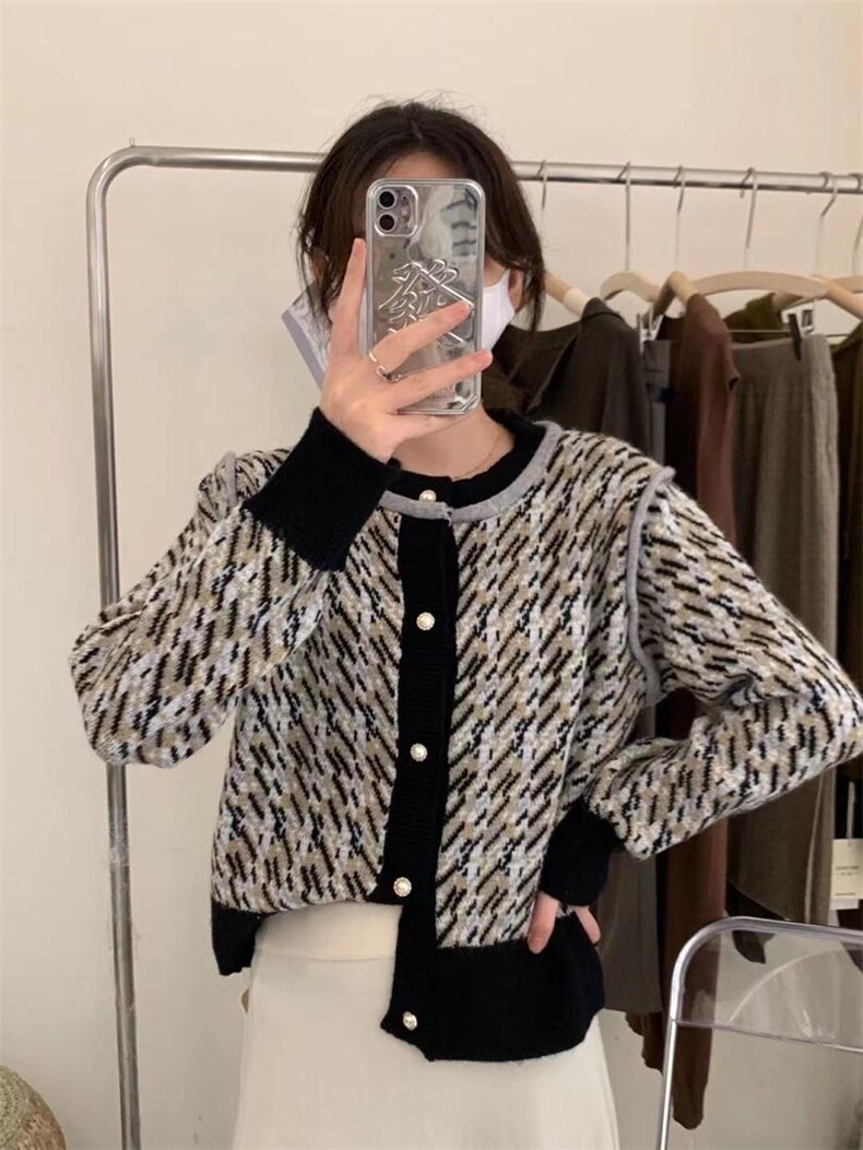 990复古千鸟格开衫毛衣，女装针织衫/毛衣，Lucky Lee