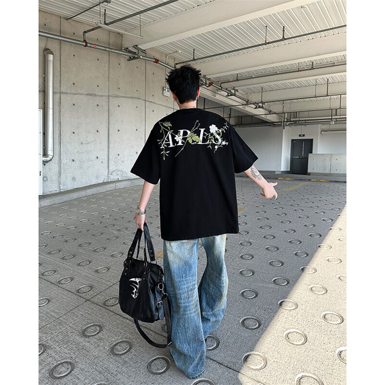 美式高街刺绣花卉短袖t恤男女夏季宽松刺绣字母情侣上衣T5083-P43,男装T恤,星座308B-1