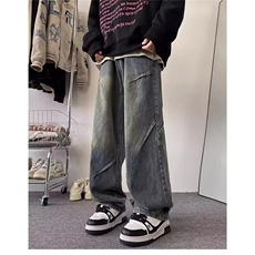 K01牛仔裤男款美式vintage潮牌水洗宽松休闲打褶水洗直筒阔腿裤，男装牛仔裤，星座308A-1（原309B-1）