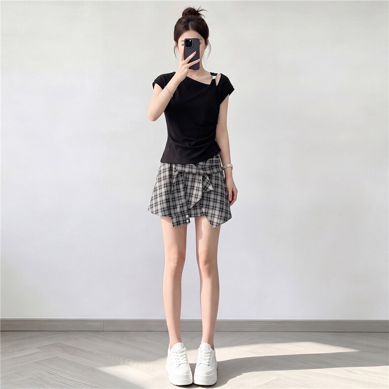 女夏新款时尚减龄套装修身不规则斜肩短袖上衣黑色格子短裙两件套,女装套装/套裙,江南