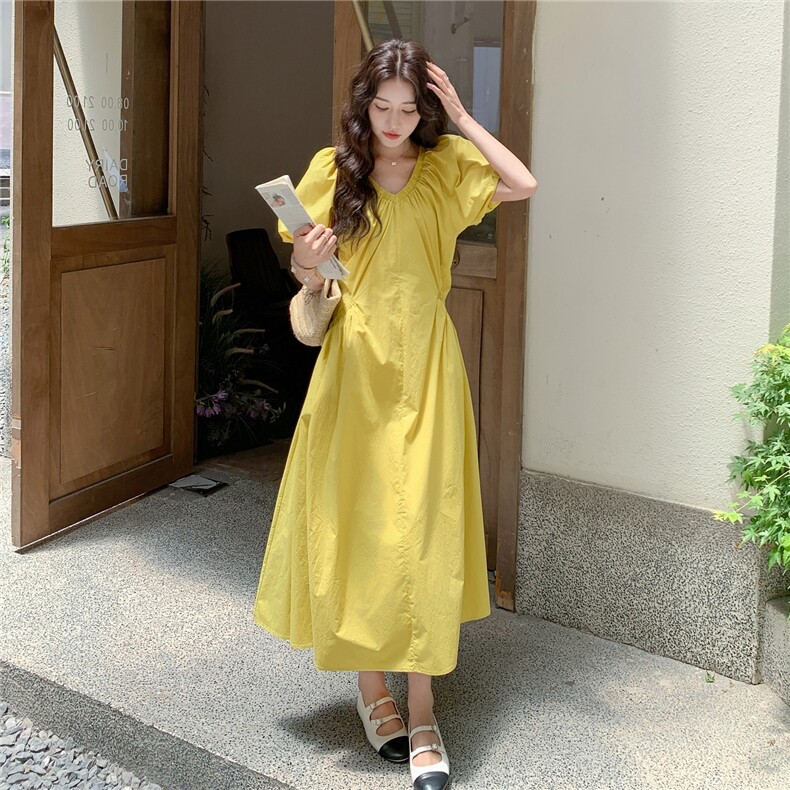 【现货】黄色V领连衣裙1C045P-H557135K198,女装连衣裙,红龙果