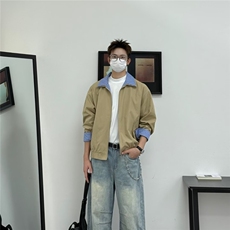 港风秋款男假两件夹克衫格子拼接宽松休闲外套JK999P68，男装夹克，星座1013-1